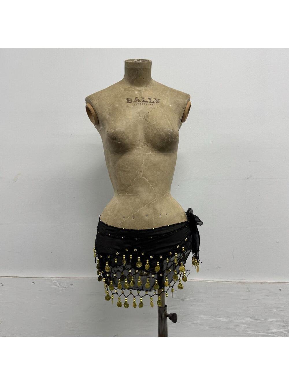 Boho Festival Black Chiffon & Gold Coin Beaded Fringe Tie Hip Wrap Skirt